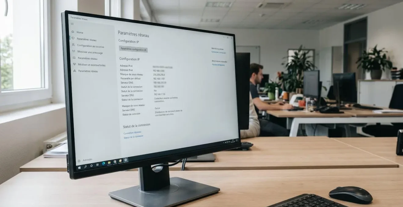 Capture d'écran d'une interface de diagnostic réseau affichant adresse IP, masque de sous-réseau et passerelle par défaut sur un écran d'ordinateur moderne