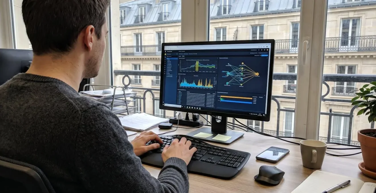 Gros plan sur des mains tapant sur un clavier d'ordinateur dans un espace de travail moderne, avec un écran affichant une interface de configuration réseau partiellement floutée