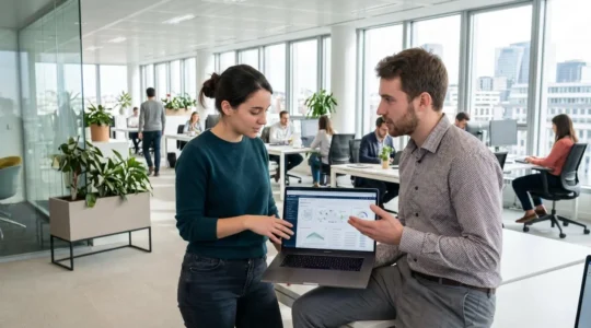 Deux professionnels discutent discrètement devant un écran d'ordinateur portable affichant un tableau de bord réseau dans un open-space contemporain lumineux