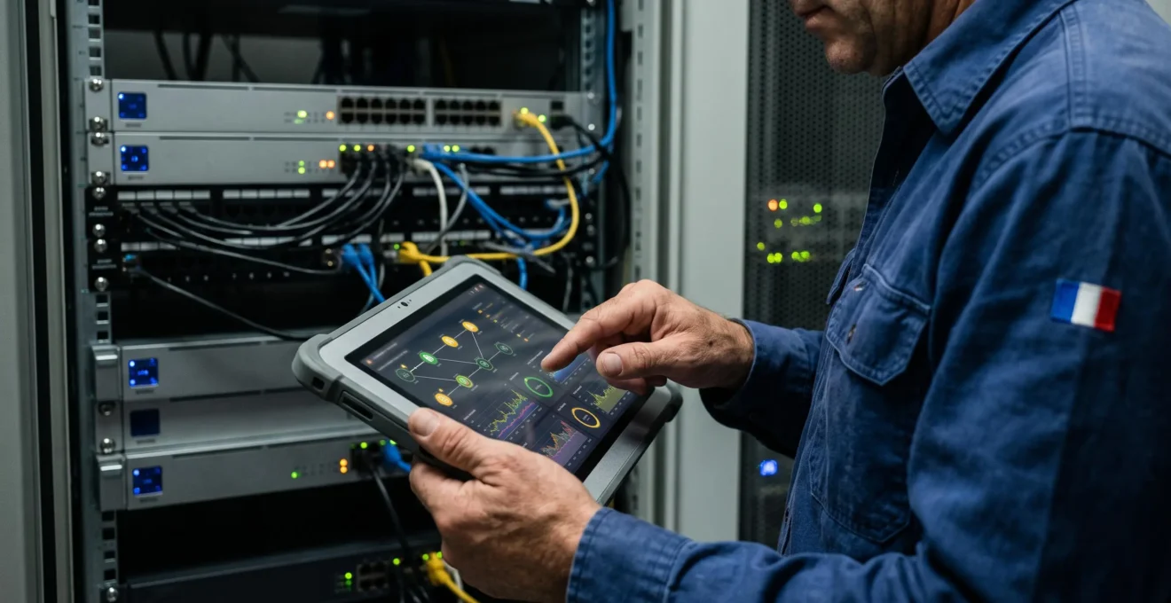 Ingénieur réseau effectuant un audit d'infrastructure avec tablette de diagnostic