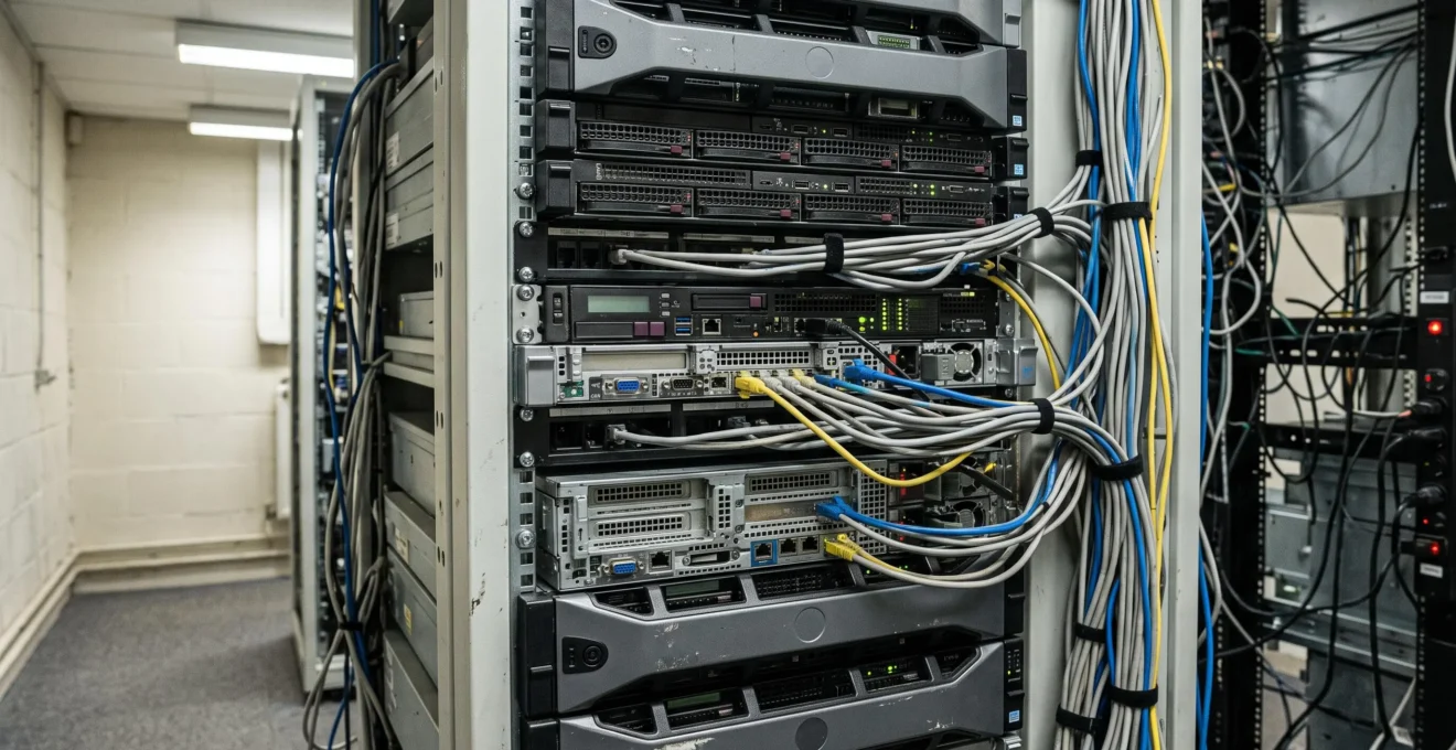 Salle serveurs on-premise traditionnelle avec équipements IT vieillissants et câblage visible