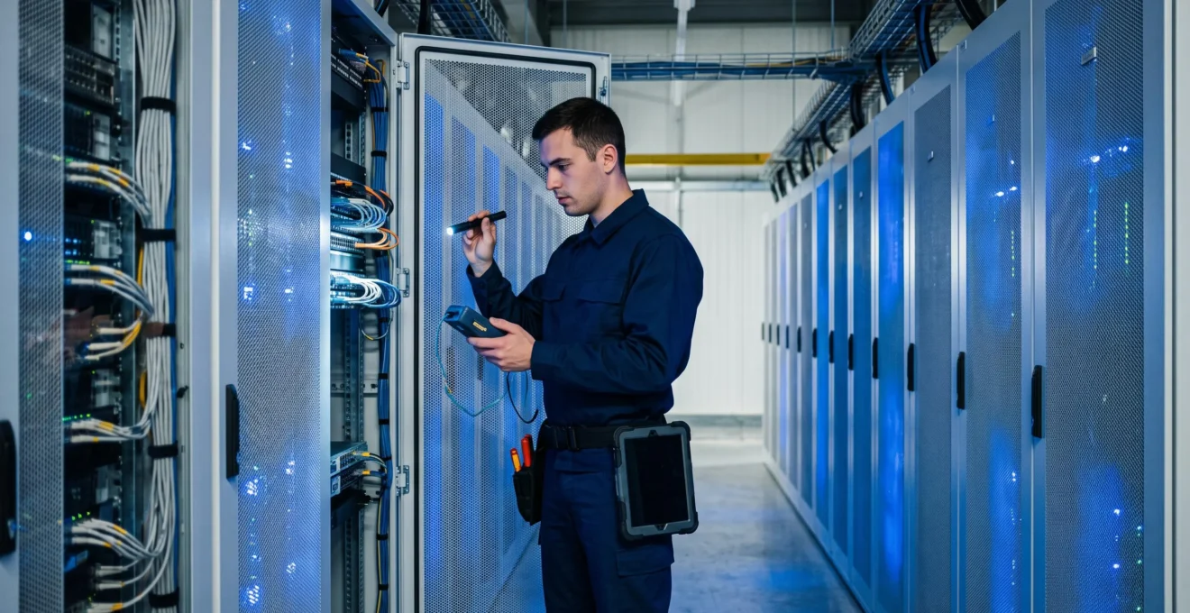 Technicien IT travaillant dans un datacenter moderne avec rangées de serveurs illuminés